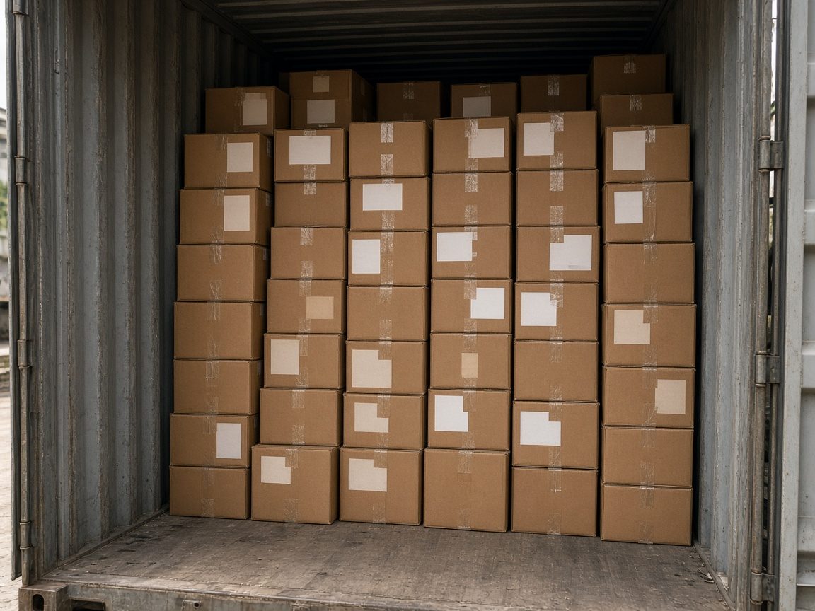 Export cartons stacked inside a shipping container